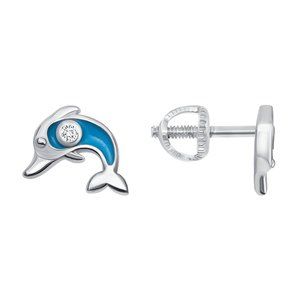 STERLING SILVER 925 CZ ENAMELED DOLPHIN KIDS SCREW STUD EARRINGS